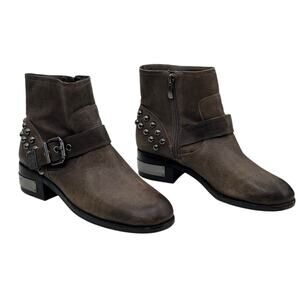 Vince Camuto Moto Studded Biker Bootie Windetta 7.5 Womens Leather Brown Harness